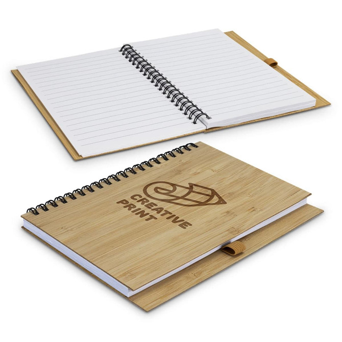 A medium bamboo notebook with a spiral binding, featuring a wooden cover and lined pages inside.