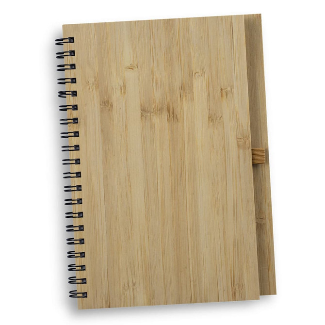 A medium bamboo notebook with a spiral binding and a natural wood finish. It features an elastic closure.