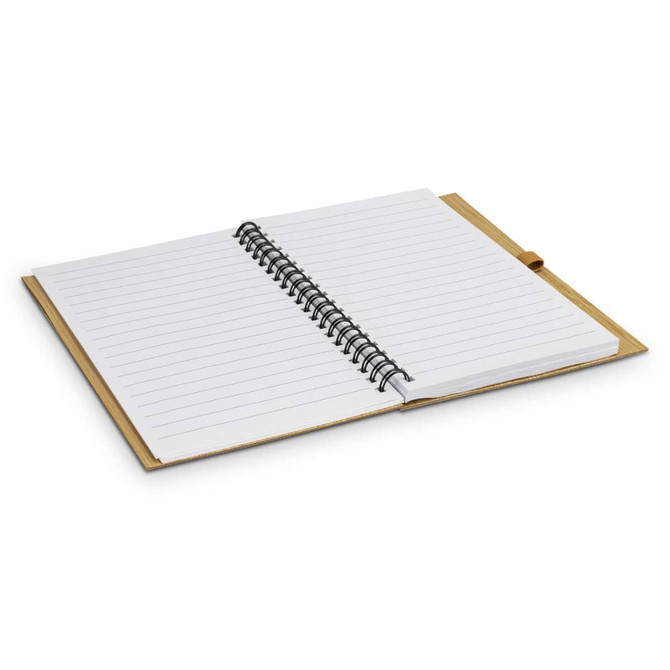 A medium bamboo notebook with a spiral binding, featuring blank lined pages and a bamboo cover.