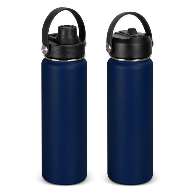 A drink bottle in navy blue with a black cap and handle, featuring a logo on the side.