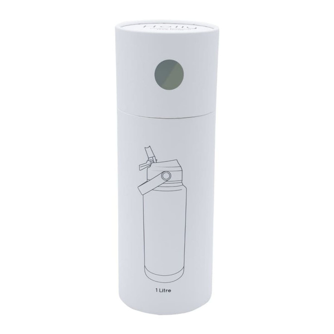 A drink bottle in white, cylindrical shape, with a design resembling a fire extinguisher and a logo on it.
