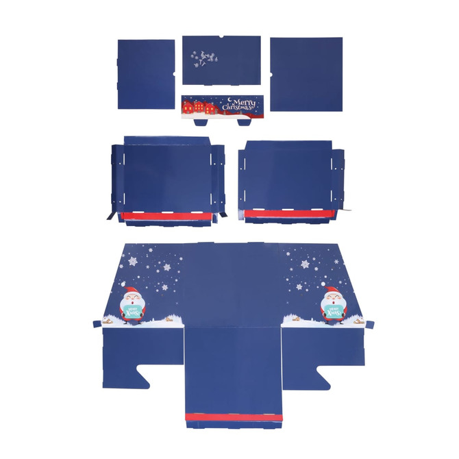 A set of blue festive display boxes featuring winter-themed graphics, including snowflakes and decorative elements.