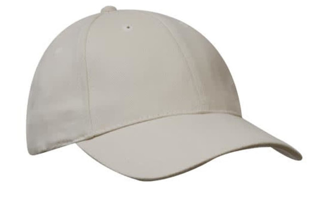A cream-coloured cap with a curved brim and a logo on the front.
