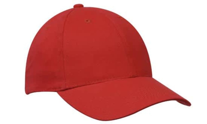 A red cap made from brushed heavy cotton with a curved brim and adjustable back. It features a logo.