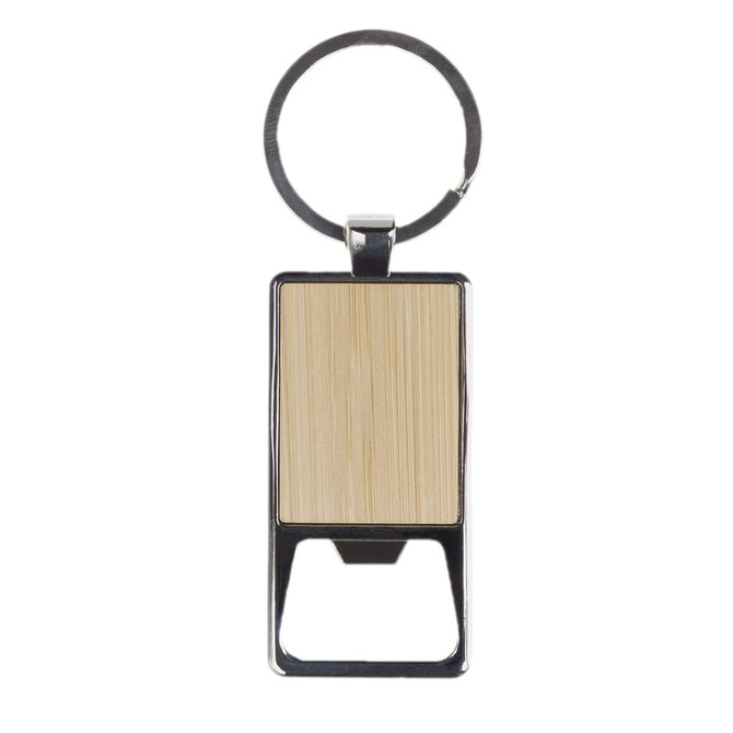 A drink bottle opener keytag with a rectangular wooden panel and a silver metal keyring.