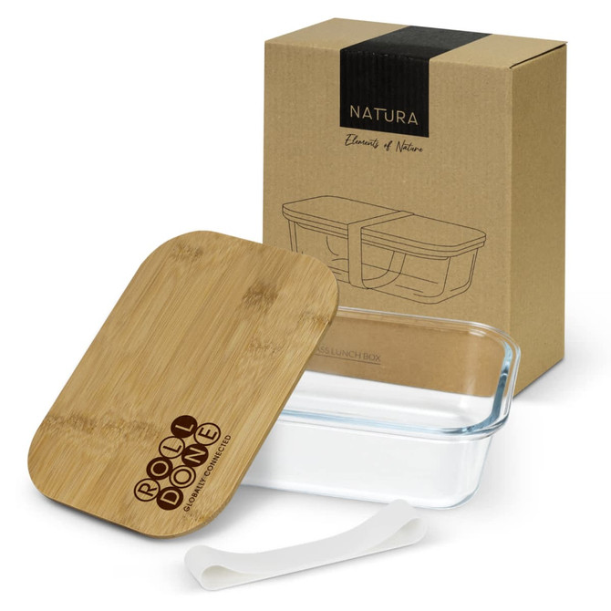 A glass lunch box with a bamboo lid and a silicone band, displayed with its packaging in a natural brown box.