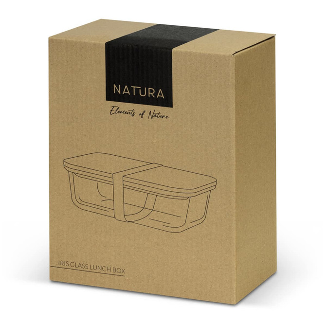 A kraft cardboard box containing a glass lunch box. The lunch box features a clear design and comes with a strap.