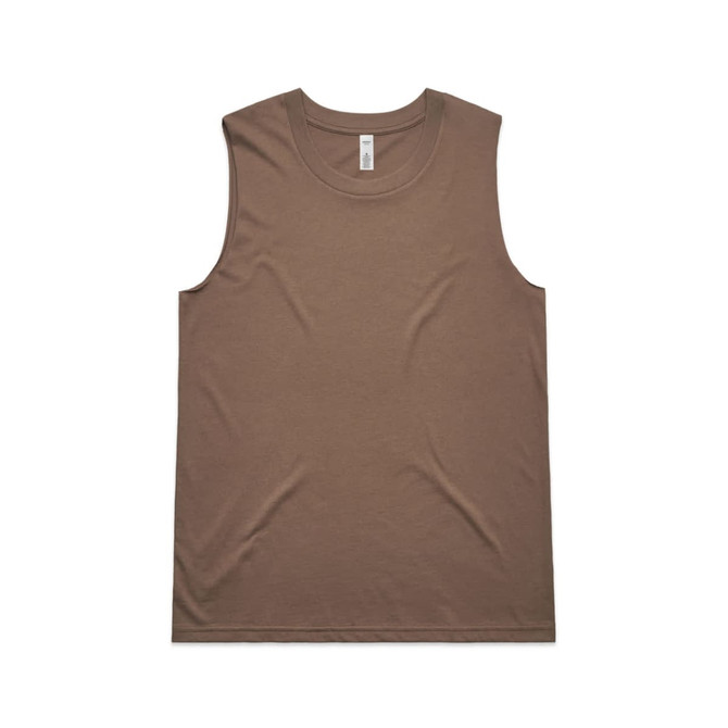 A brown singlet tank top with a round neckline and sleeveless design, featuring a logo.