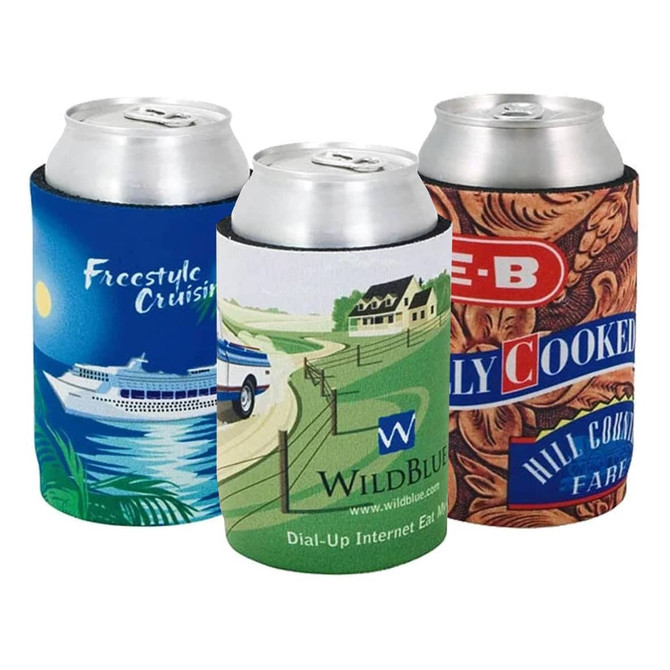 A set of three foam stubby coolers in various colours, each featuring different designs and a logo.
