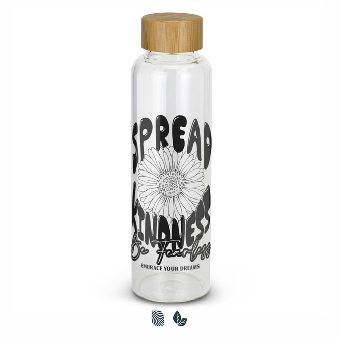 A drink bottle with a clear glass body and a bamboo lid, featuring black text and floral designs.