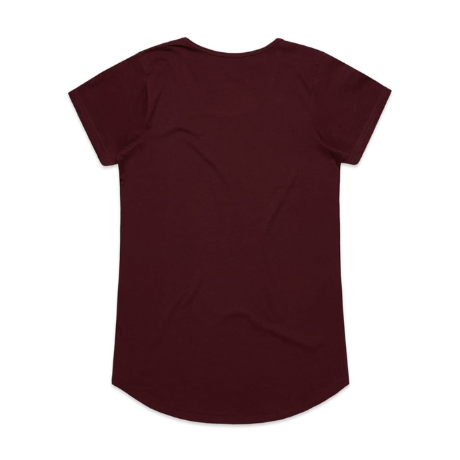 A maroon t-shirt featuring a rounded hem and short sleeves. It has a logo on the back.