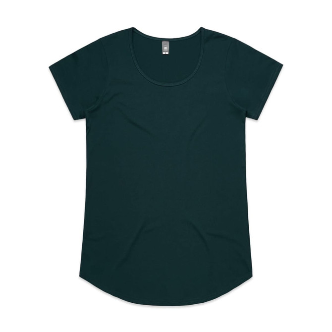 A dark green women's T-shirt with a scoop neckline and short sleeves, featuring a branded tag.