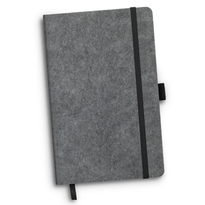 A grey RPET felt hard cover notebook with a black elastic band and a bookmark ribbon. Features a logo on the cover.