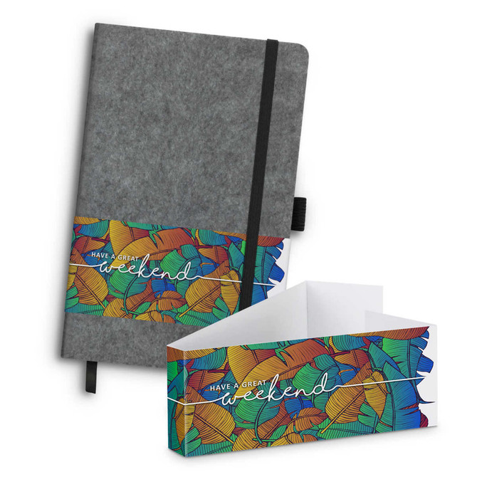 RPET felt hard cover notebook in grey with a colourful illustrated band featuring a weekend greeting. Includes an elastic closure.