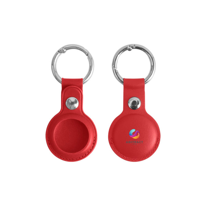 A red PU leather AirTag holder with a keyring, featuring a circular compartment and a logo on one side.