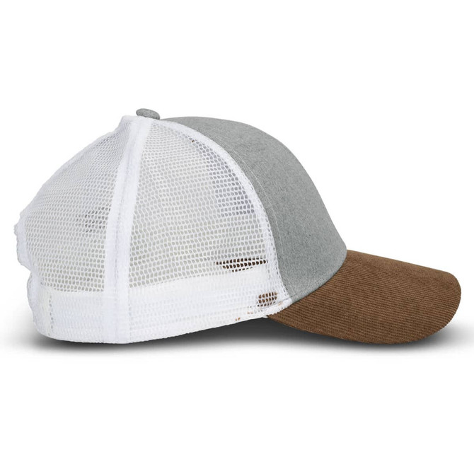 A corduroy peak cap in grey and brown, featuring a mesh back and a logo on the side.