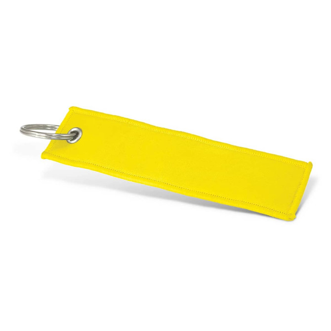 A yellow woven key ring with a metal ring attached, featuring a simple, flat design.