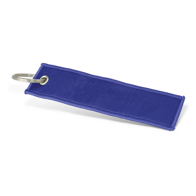 A woven key ring in a vibrant blue colour, featuring a metal keyring attachment.