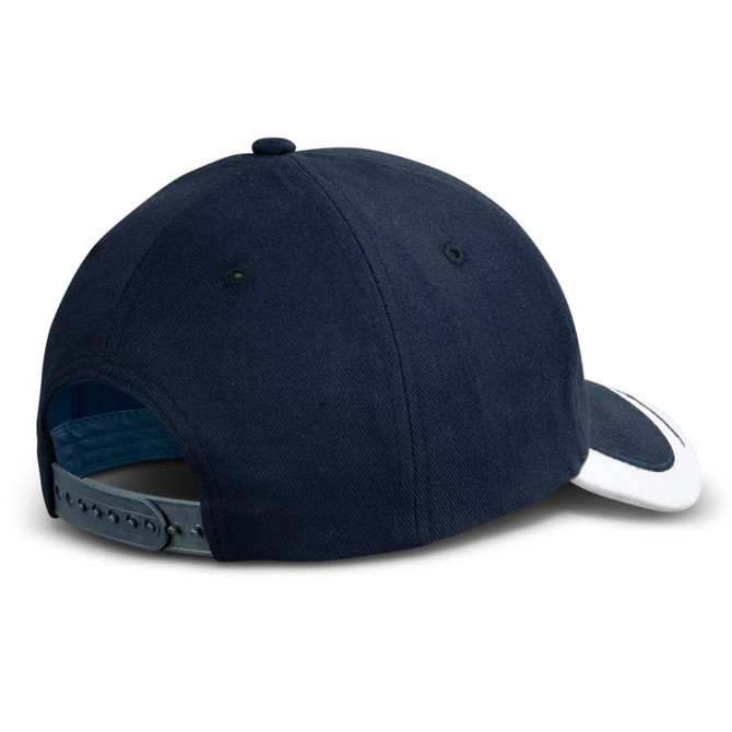 A navy blue cap with a white front panel and a green adjustable strap at the back. It features a logo.