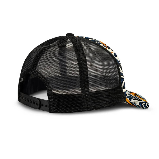 A black mesh cap with a patterned brim, featuring a colourful design on the front and a snapback closure.