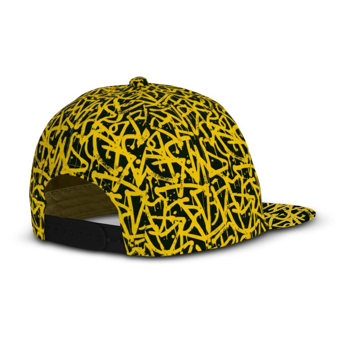 A flat peak cap with a vibrant yellow and black abstract pattern. It features a logo on the back.
