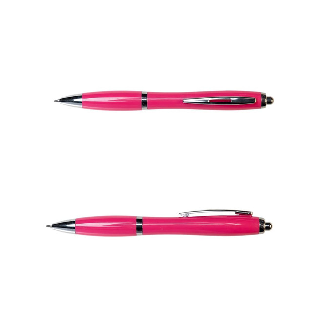 A pink plastic pen with silver accents and a clip. The pen features a smooth glossy finish.