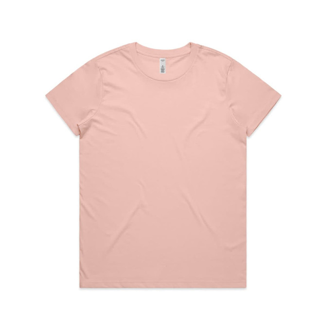 A short-sleeved t-shirt in a soft pink colour, featuring a simple design and a branded label.