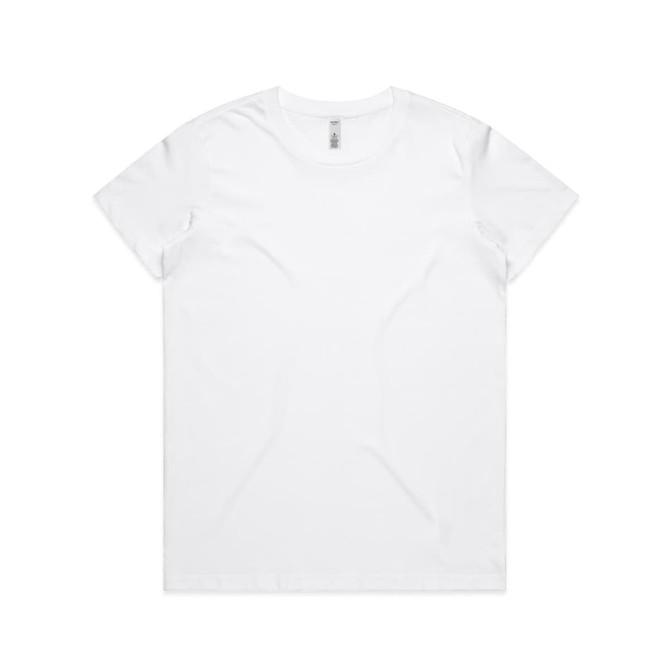 A plain white t-shirt with a crew neckline and short sleeves, featuring a small logo on the label.