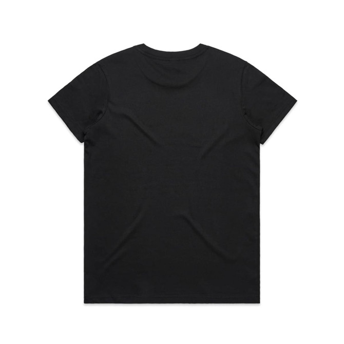 A black t-shirt with a crew neckline and short sleeves, featuring a logo on the back.
