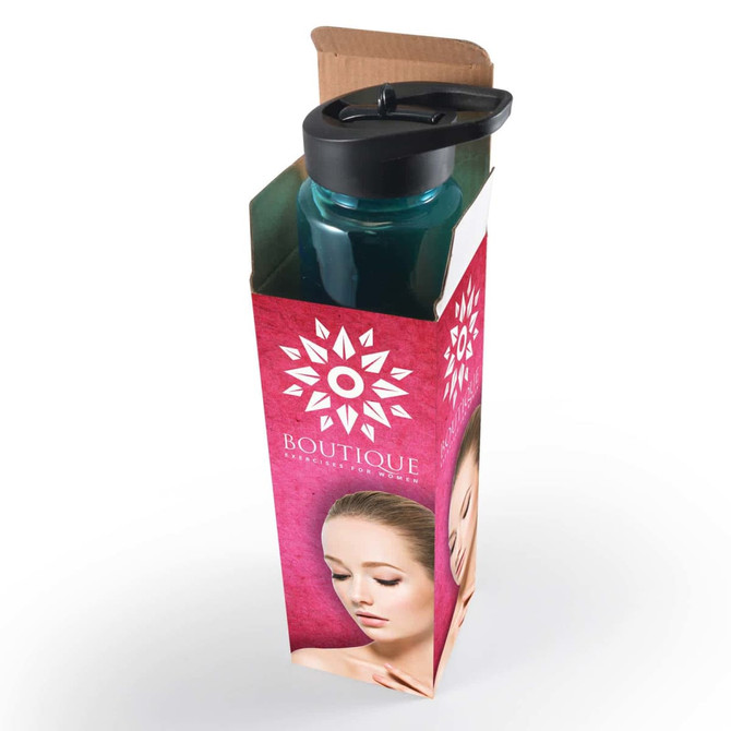 A drink bottle in a cardboard packaging, featuring a transparent blue body and a black lid. The packaging includes branding.