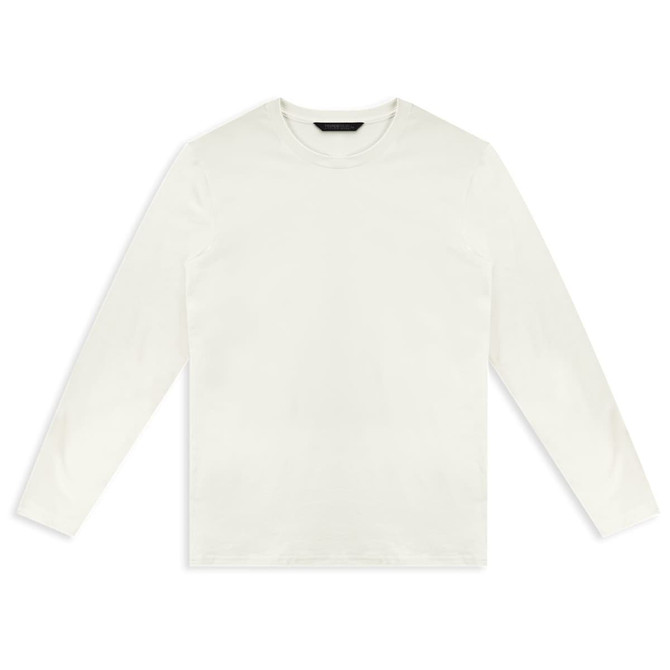 A plain white long sleeve crew shirt, featuring a simple design and a branding logo.