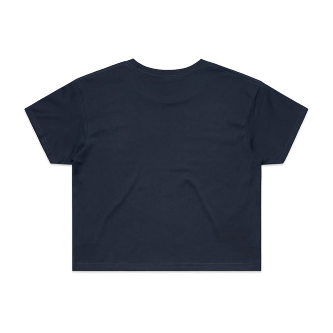 A dark navy crop tee with a plain back design and short sleeves. Features a logo on the back.