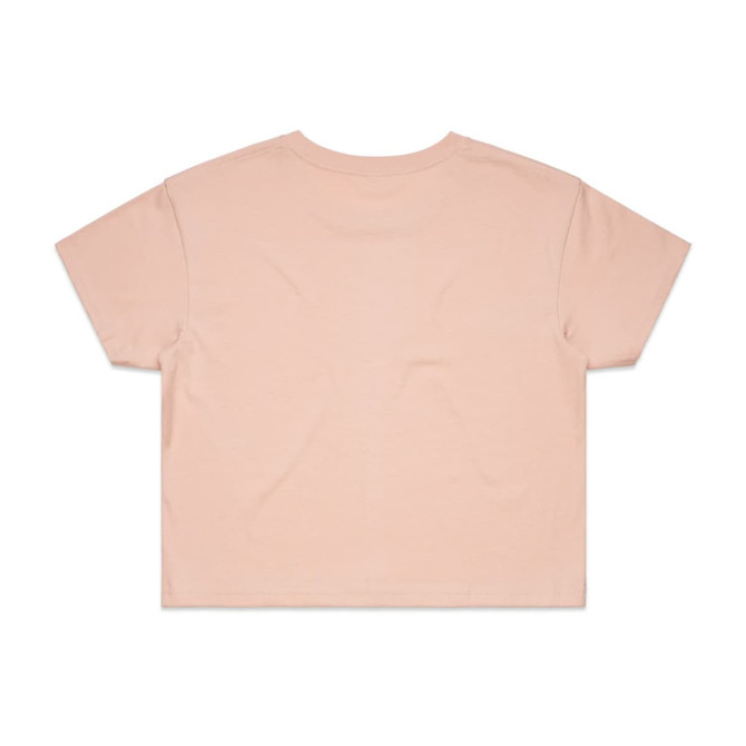 A light pink crop tee with short sleeves and a plain back. The shirt has a logo on the label.