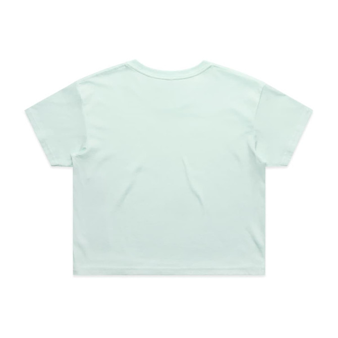 A mint green crop tee with short sleeves and a simple design, featuring a branding logo on the back.