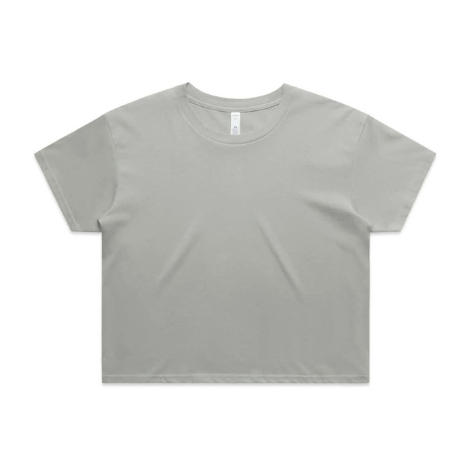 A cropped t-shirt in a soft grey colour, featuring short sleeves and a simple design with a logo.