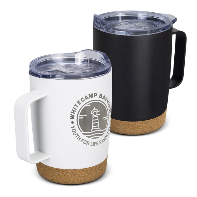 A drink bottle featuring a white and black vacuum mug, each with a cork base and clear lid. One mug has a branding logo.