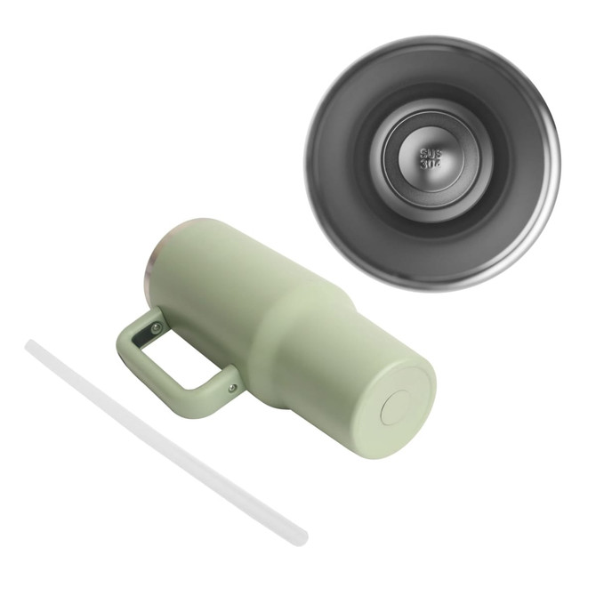 A drink bottle in soft green stainless steel, featuring a lid, straw, and a handle. It has a logo on the side.