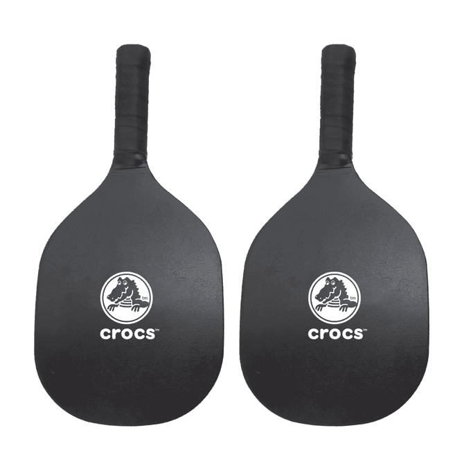 A pair of black pickleball paddles with grip handles, each featuring a logo. Perfect for outdoor sports activities.