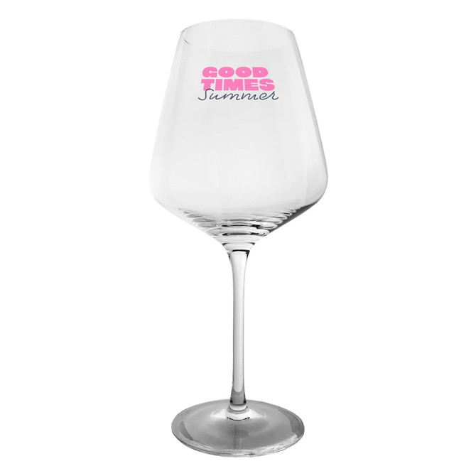 A clear wine glass with a wide bowl and tall stem, featuring a logo in pink.