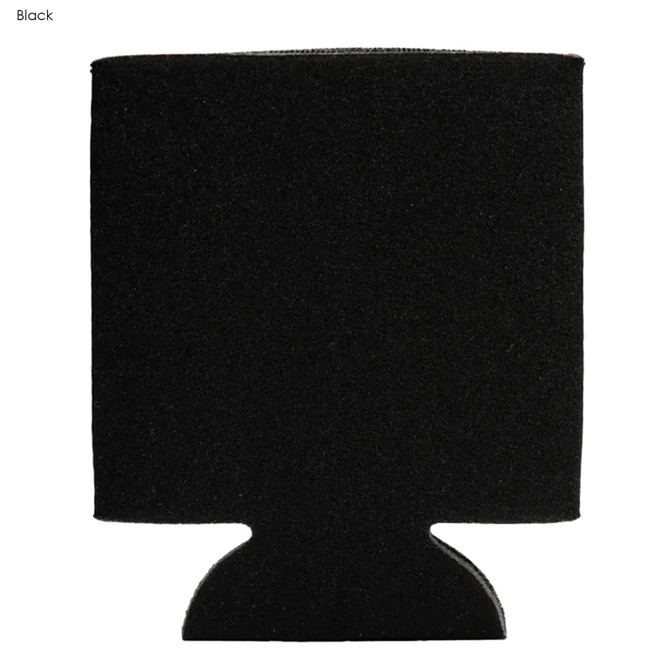 A black foam stubby cooler featuring a simple design and a bottom cut-out, suitable for holding drink bottles.
