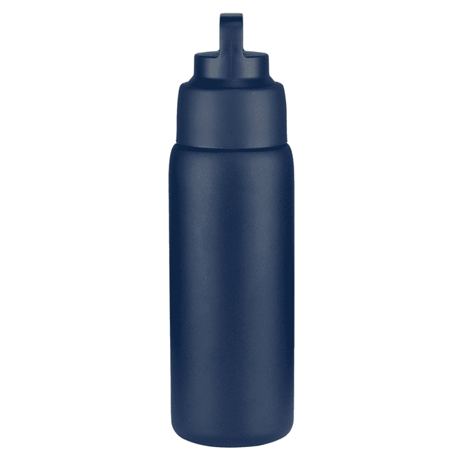 A drink bottle in navy blue, featuring a sleek design and a flip-top lid. Includes a logo on the side.