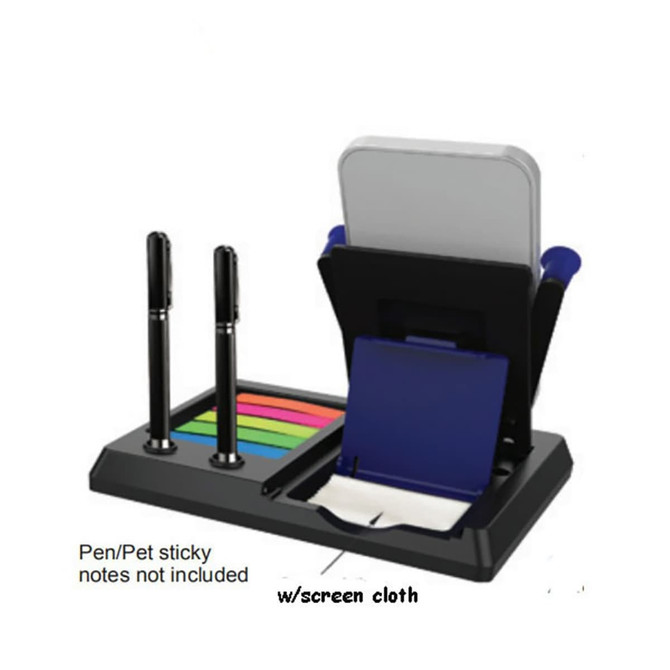 A desk organizer in black with two pens, sticky note pads in various colours, and a screen cloth.