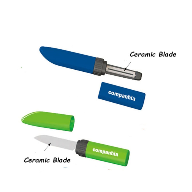 A green peeler and a blue knife with ceramic blades, both with matching caps and a logo.