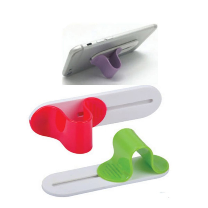 A mobile holder in vibrant colours of pink, green, and purple, designed to support smartphones securely.