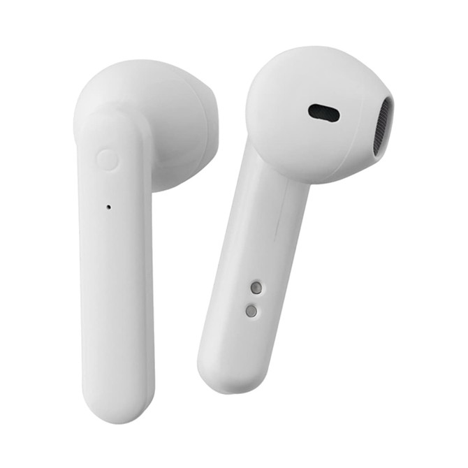 White wireless earbuds with a sleek design, featuring a logo and buttons on the side.
