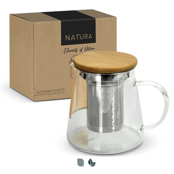 A glass teapot with a stainless steel infuser and bamboo lid, presented with its packaging.