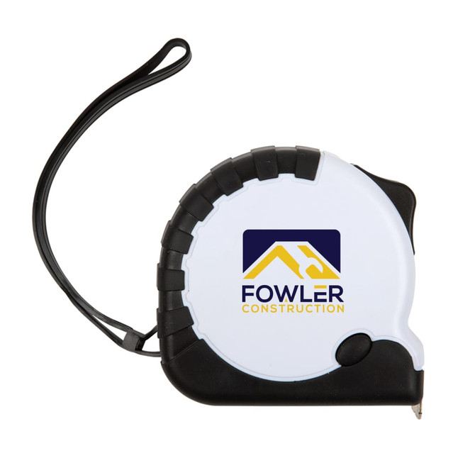 A white and black retractable tape measure with a logo, featuring a textured grip and a wrist strap.