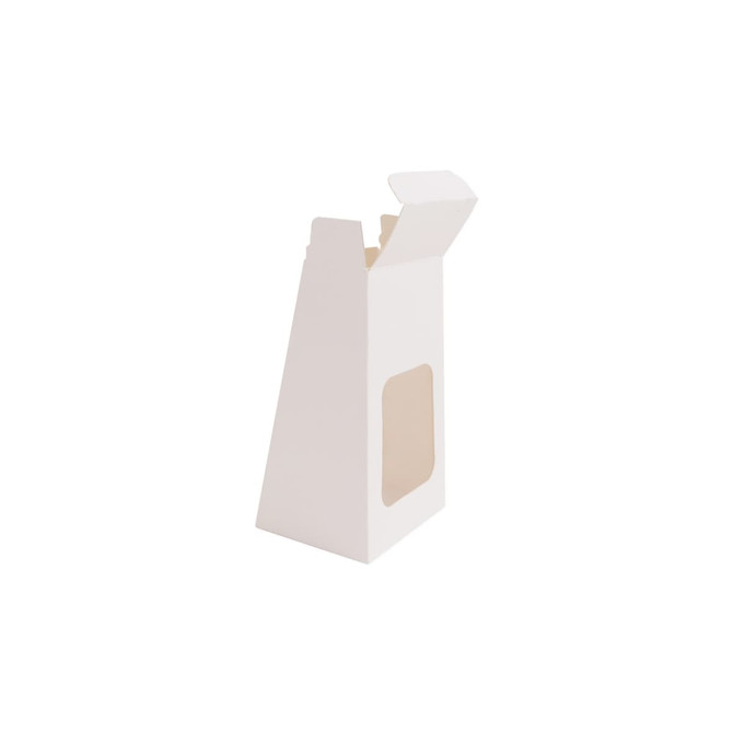A white trapezoidal box with an open top and a transparent window, featuring a logo.