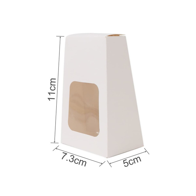 A white trapezoidal box with a transparent window, measuring 11cm high, 7.3cm wide, and 5cm deep.