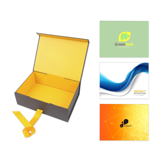 A small foldable magnetic box in black with a yellow interior and a matching yellow ribbon, accompanied by various printed cards.